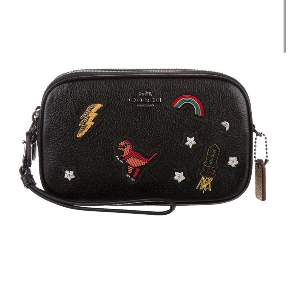 Coach Black Leather Wristlet Crossbody with Colorful Patch Motifs